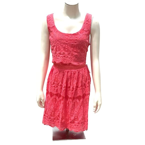 As U Wish NWT 13 Flirty Tiered Coral Lace Dress Open Back Detail Fit Flare Style - Picture 2 of 15